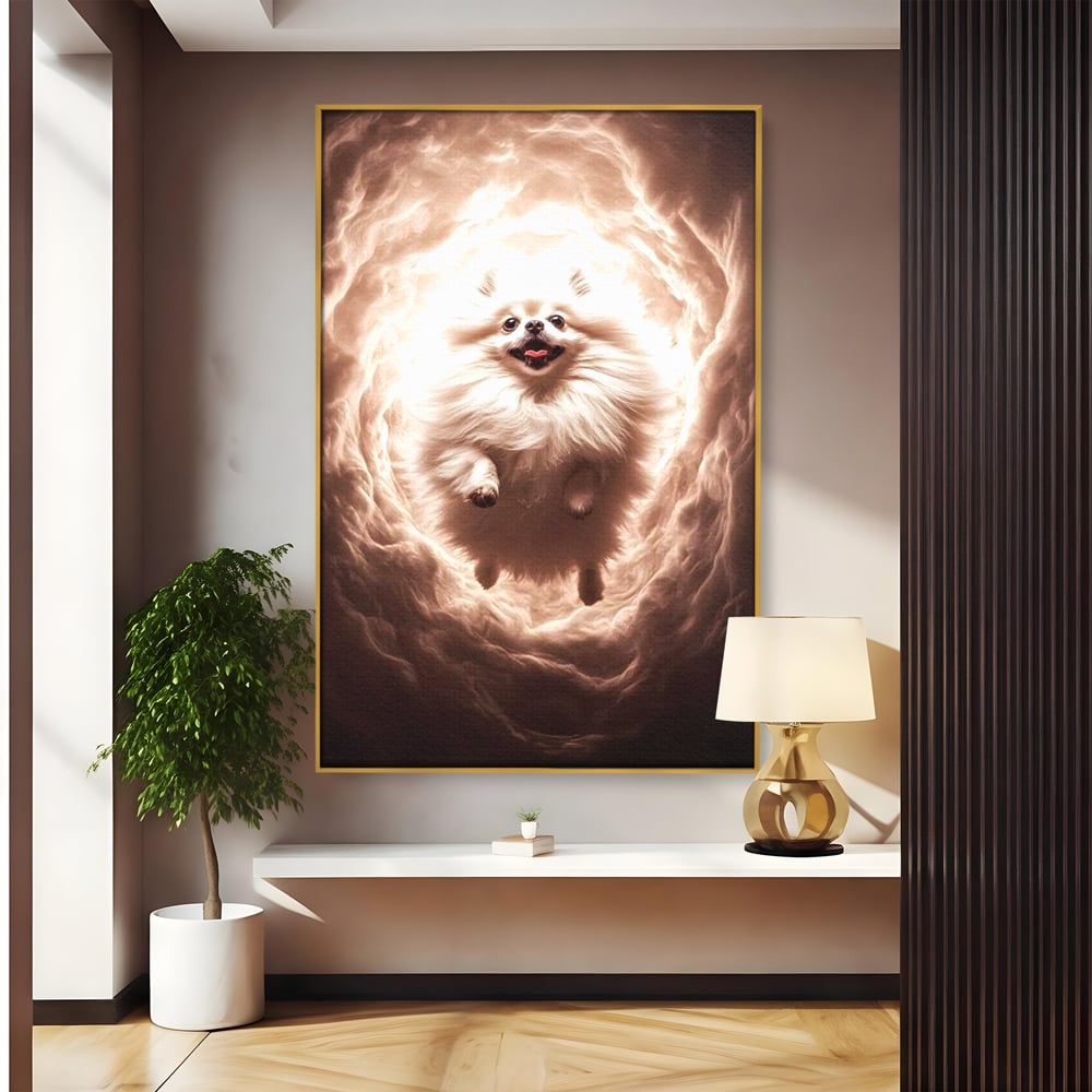 Tablou canvas cu tablou canvas cu caine pomeranian pufos, in rama de aluminiu auriu